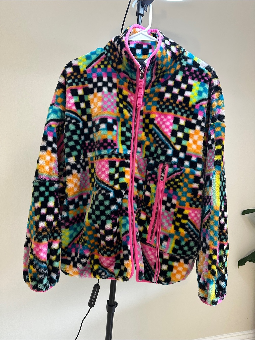 UGG Kids Multicolor Patterned Fleece Jacket with Pink Trim